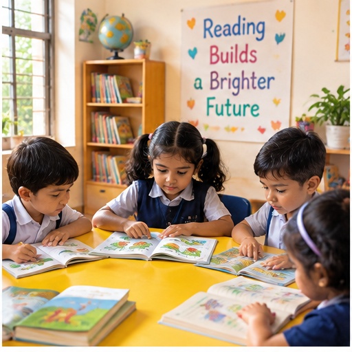 Children reading books together at their classroom table